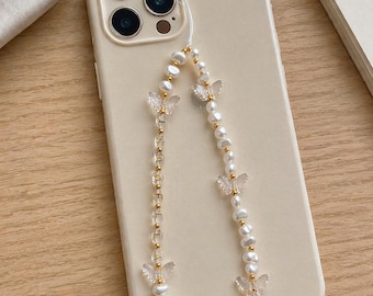 Personalised butterfly beaded phone charm, pearl and gold bead phone strap