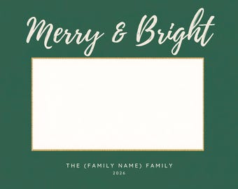 Cartolina fotografica natalizia "Merry & Bright" color smeraldo e oro / Modificabile, formato 5x7 per la famiglia (download digitale)