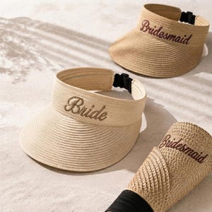 Custom Bridesmaid Straw Visor Hat, Embroidered Bride Bachelorette Hats, Roll up Packable Sun Visor, Personalized Hen Party Gift for Her