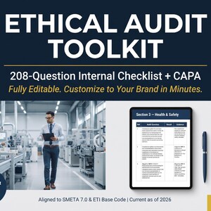 May include: An ethical audit toolkit document featuring the text ETHICAL AUDIT TOOLKIT, 208-Question Internal Checklist + CAPA, and Fully Editable. Customize to Your Brand in Minutes. Includes a factory scene, a digital tablet display, and a pen.