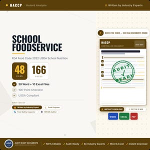 May include: A digital document set for school foodservice HACCP compliance, featuring 48 files, 166 pages, 38 Word and 10 Excel files, a 106-point checklist, and USDA compliance. The graphic displays text including Audit Ready, FDA Food Code 2022, and USDA School Nutrition.