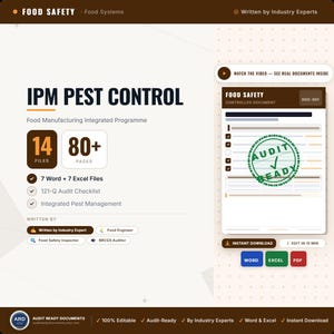IPM-program för skadedjursbekämpning, ISO 22000 BRCGS HACCP, livsmedelstillverkning, redigerbart Word Excel, digital nedladdning