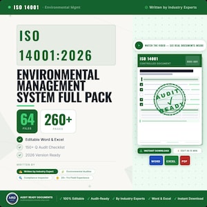 Può includere: Un pacchetto di documenti digitali per il sistema di gestione ambientale ISO 14001:2026. La grafica presenta testo verde scuro su sfondo chiaro, elencando 64 file e oltre 260 pagine, con icone per Word, Excel, PDF e un timbro Audit Ready.