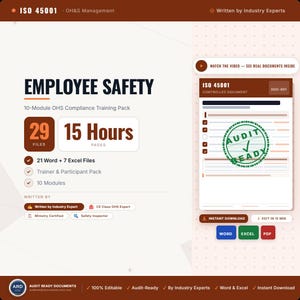 May include: A digital training pack for ISO 45001 OH&S management featuring 29 files, 15 hours of content, 21 Word and 7 Excel files, 10 modules, and a document preview with an Audit Ready stamp. Includes icons for Word, Excel, and PDF formats.