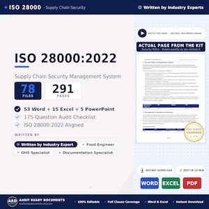 Puede incluir: Un kit de documentos digitales para el Sistema de Gestión de Seguridad de la Cadena de Suministro ISO 28000:2022. Incluye 78 archivos, 291 páginas, 53 documentos Word, 15 Excel, 5 PowerPoint y una lista de verificación de auditoría de 175 preguntas.