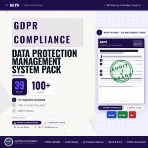 Op de afbeelding: Een AVG-compliance systeem voor gegevensbescherming met 39 bestanden en meer dan 100 pagina's. Het document bevat 15 registers, een 159-Q audit checklist en is gemarkeerd als audit-ready. Het is compatibel met Word, Excel en PDF-formaten.