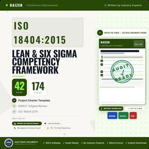 Może przedstawiać: Cyfrowy zestaw dokumentów zatytułowany ISO 18404:2015 Lean & Six Sigma Competency Framework. Zawiera 42 pliki i 174 strony, w tym szablon karty projektu, przegląd DMAIC oraz dokumenty gotowe do audytu w formatach Word, Excel i PDF.