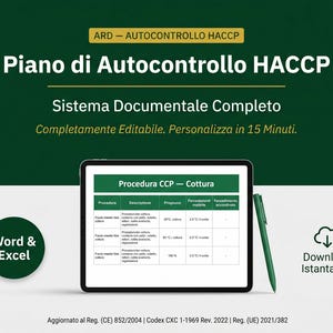 May include: A digital tablet displaying a HACCP cooking procedure table with a green stylus beside it. The screen shows text including 'Procedura CCP - Cottura'. The background features text 'ARD - AUTOCONTROLLO HACCP' and 'Piano di Autocontrollo HACCP' with a 'Word & Excel' icon.