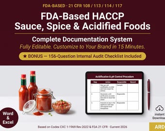 FDA HACCP Acidified , Low-Acid Canned Foods, Sauce, Spice & Dry Blends Food Safety Documentation System Full Pack