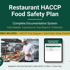 May include: A digital Restaurant HACCP Food Safety Plan documentation system featuring a dark green background with white text. It includes a photo of a chef in a kitchen, a tablet displaying a safety chart, and labels for Word and Excel files.