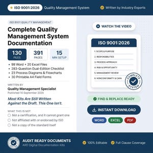 Könnte beinhalten: Ein digitales Dokumentenset für das ISO 9001:2026 Qualitätsmanagementsystem mit 130 Dateien, 391 Seiten und 15 Minuten Einrichtungszeit. Enthält Word- und Excel-Dateien, Checklisten, Diagramme und Formulare. Als 100% editierbar und sofort downloadbar.