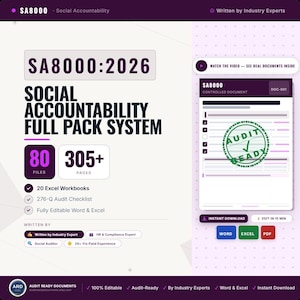 May include: A digital product display for the SA8000:2026 Social Accountability Full Pack System. It features 80 files, 305+ pages, 20 Excel workbooks, and a 276-Q audit checklist. The graphic includes a document preview with an Audit Ready stamp.