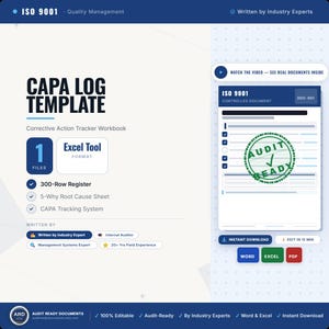CAPA Log Template Excel | Corrective Action Tracker, 5 Why Worksheet (Instant Download)