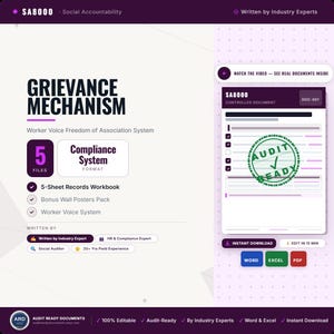 May include: A digital document set titled Grievance Mechanism SA8000 Social Accountability, featuring a 5-sheet records workbook, bonus wall posters, and worker voice system. Includes icons for Word, Excel, and PDF formats with an Audit Ready stamp.