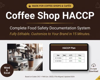 Coffee Shop HACCP Food Safety System Full Pack Documents ( Editable Word Excel Cafe Manual Procedures Logs Allergen  Audit Checklist )