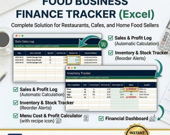 Food Business Finance Tracker, Recipe Cost Calculator, Menu Pricing (Excel/Sheets)