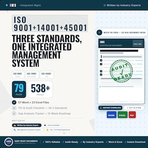 May include: An integrated management system document package for ISO 9001, 14001, and 45001 standards. It includes 79 files, 538+ pages, 57 Word and 22 Excel files, an audit checklist, a gap analysis tracker, and a 12-week roadmap for professional use.
