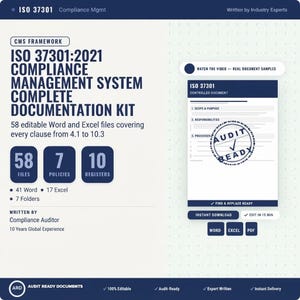 May include: A digital product display for an ISO 37301:2021 Compliance Management System documentation kit. It features 58 editable Word and Excel files, 7 policies, and 10 registers. A document preview shows an Audit Ready stamp on a controlled document.