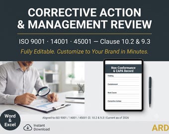 Corrective Action & Management Review Templates | ISO 9001 14001 45001 CAPA Non-Conformance Root Cause 5 Why | Editable Word Excel