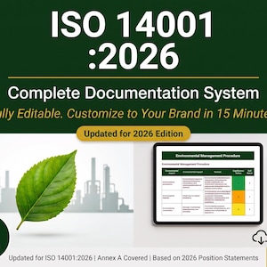 May include: A digital documentation system for ISO 14001:2026 featuring a green leaf graphic, a tablet displaying an environmental management procedure table, and a pen. The text includes "ISO 14001:2026 Complete Documentation System" and "Word & Excel".