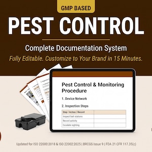 Documentenpakket voor IPM-programma's (Integrated Pest Management) voor voedselproductie, inclusief ISO 22000, BRCG en HACCP.