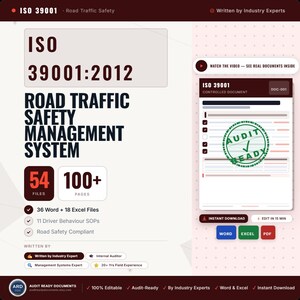 Può includere: Un set di documenti digitali per il sistema di gestione della sicurezza stradale ISO 39001:2012. Include 54 file, oltre 100 pagine, 36 file Word e 18 Excel, 11 SOP sul comportamento dei conducenti ed è conforme alla sicurezza stradale.