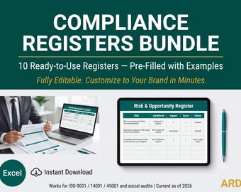 Compliance Registers Bundle | 10 ISO Templates Pre-Filled with Examples | Legal Risk Supplier Permit Calibration KPI | Excel