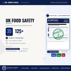 May include: A digital UK Food Safety HACCP kit containing 35 files and over 125 pages. The document includes 23 Word and 12 Excel files, featuring an Audit Ready stamp, EHO inspection depth, and compliance with UK Regulation 852/2004 standards.
