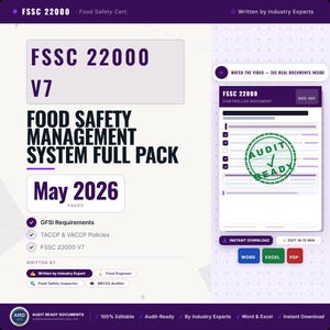 May include: A digital document pack for FSSC 22000 V7 Food Safety Management System. The graphic features purple and white text, including 'May 2026', 'GFSI Requirements', and a preview of a document stamped 'AUDIT READY' with Word, Excel, and PDF icons.