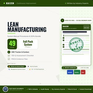 May include: A Lean Manufacturing system manual procedures and SOPs bundle with 49 files. The document includes an OEE tracker, Kanban, 159-Q assessment checklist, and PDCA evidence files. It features a preview of a Kaizen controlled document.