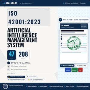 Op de afbeelding: Een digitale documentenset voor het ISO 42001:2023 Artificial Intelligence Management System. Bevat 47 bestanden, 208 pagina's, 34 Word- en 13 Excel-bestanden, 38 Annex A-controles en is klaar voor AI-governance en audit-gereedheid.