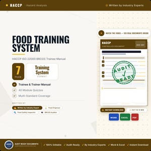 May include: A digital HACCP Food Training System document set featuring a trainee manual, 40 module quizzes, and multi-standard coverage. The layout includes text, icons, and a preview of a controlled document stamped with a green Audit Ready seal.