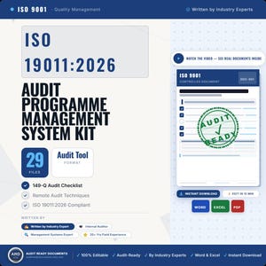 May include: An ISO 19011:2026 Audit Programme Management System Kit featuring 29 files, including a 149-Q audit checklist, remote audit techniques, and compliance documentation. The kit includes Word, Excel, and PDF formats for editing.