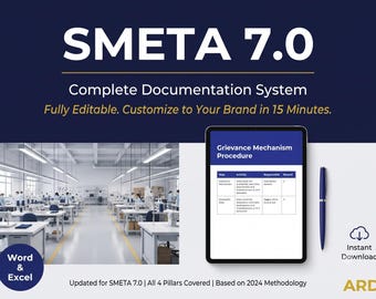 SMETA 7.0 Social Compliance Documentation System Full Pack ETI Base Code | 4 Pillar Policies Procedures Checklist Word Excel