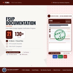 May include: FSVP documentation for FDA Foreign Supplier Verification Program featuring 21 files and 130+ pages. Includes 14 Word and 7 Excel files, a 141-Q audit checklist, and is FDA FSVP compliant. The document preview shows an Audit Ready stamp.