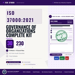 Op de afbeelding: ISO 37000:2021 Governance of Organizations complete kit met 30 bestanden en 230 pagina's. Bevat 19 Word- en 11 Excel-bestanden, een 82-punten audit checklist en bewerkbare documenten. Toont een voorbeeld van een document met een Audit Ready stempel.