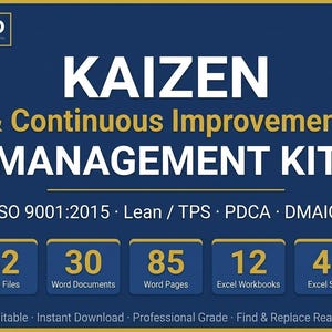 Può includere: Un grafico digitale blu scuro per un kit di gestione intitolato KAIZEN & Continuous Improvement MANAGEMENT KIT. Elenca ISO 9001:2015, Lean, TPS, PDCA, DMAIC e include 42 file totali, 30 documenti Word, 85 pagine Word, 12 cartelle di lavoro Excel e 46 fogli Excel.