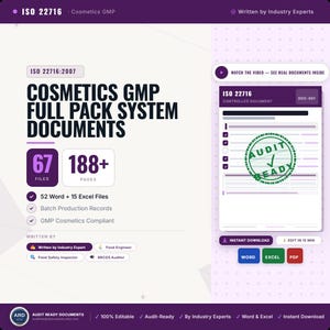 Op de afbeelding: Een digitaal documentpakket voor ISO 22716 Cosmetics GMP-compliance, met 67 bestanden en 188+ pagina's, inclusief 52 Word- en 15 Excel-bestanden. De afbeelding toont tekst, vinkjes en een groene stempel met AUDIT READY op een document.
