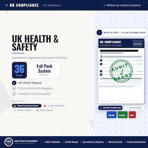 May include: A digital document pack titled UK Health & Safety featuring 36 files, ISO 45001 alignment, COSHH, RIDDOR, PUWER, and LOLER compliance. The graphic displays a preview of a controlled document with an Audit Ready stamp and file format icons.