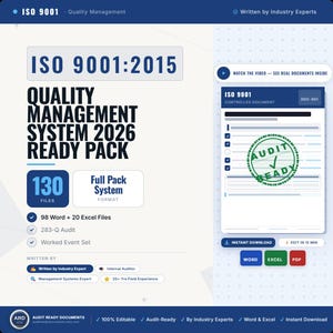 May include: An ISO 9001:2015 Quality Management System 2026 Ready Pack digital document set. The graphic displays 130 files, including 98 Word and 20 Excel files, with a preview of a controlled document featuring an Audit Ready green stamp.