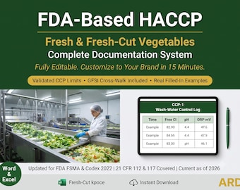 HACCP Plan for Fresh , Fresh-Cut Vegetables Food Safety Documentation System Full Pack | FDA FSMA 21 CFr 112 & 117