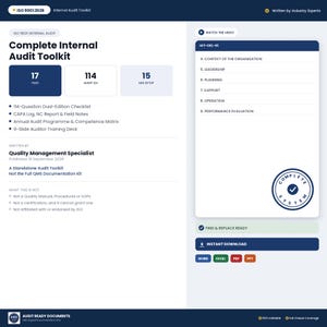 Op de afbeelding: Een digitale complete interne audit-toolkit met 17 bestanden, 114 auditvragen en een installatietijd van 15 minuten. Het document bevat secties 4 tot en met 9, waaronder context, leiderschap, planning, ondersteuning en prestatie-evaluatie.