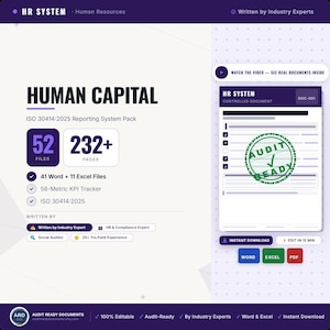 Può includere: Un pacchetto di sistema di reportistica Human Capital ISO 30414:2025 con 52 file e oltre 232 pagine. Il documento include 41 file Word e 11 Excel, un tracker KPI a 58 metriche e modelli pronti per l'audit con opzione di download immediato.
