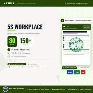 Könnte beinhalten: Ein digitales Dokumentenset mit dem Titel 5S WORKPLACE Organization System Lean Manufacturing, bestehend aus 30 Dateien und über 150 Seiten. Enthält 21 Word- und 9 Excel-Dateien, Audit-Bewertungen und Implementierungshilfen mit Audit Ready Stempel.