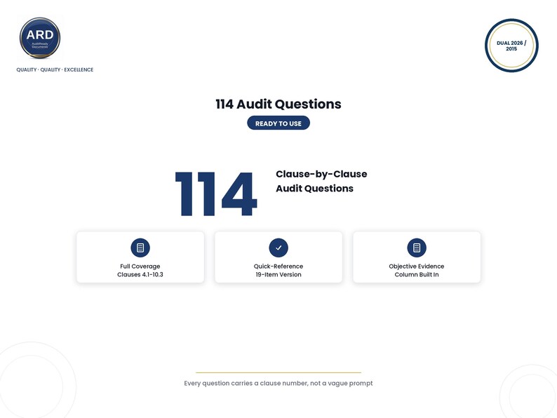 ISO 9001 2026 Internal Audit Toolkit 114 Question Checklist CAPA Log ...