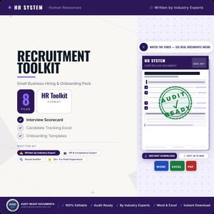 Könnte beinhalten: Ein digitales Rekrutierungs-Toolkit für kleine Unternehmen mit acht Dateien, darunter ein Interview-Scorecard, eine Excel-Kandidatenverfolgung und Onboarding-Vorlagen. Die Vorschau zeigt einen Audit-Ready-Stempel sowie Word-, Excel- und PDF-Formate.