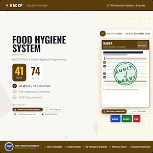 May include: A digital Food Hygiene System document set featuring 41 files and 74 pages, including 28 Word and 13 Excel files. The graphic displays text such as HACCP, Audit Ready, and Pre-Inspection Checklist, with icons for Word, Excel, and PDF formats.