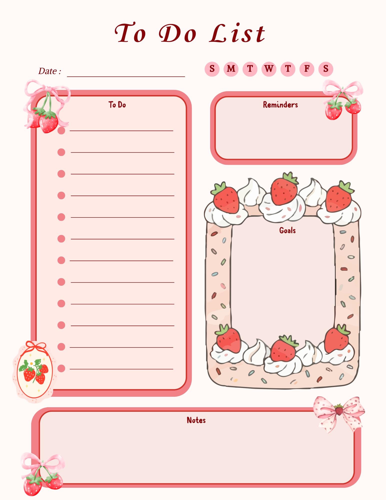 Strawberry Themed Printable to Do List | Cute Daily Planner Page | Pink ...
