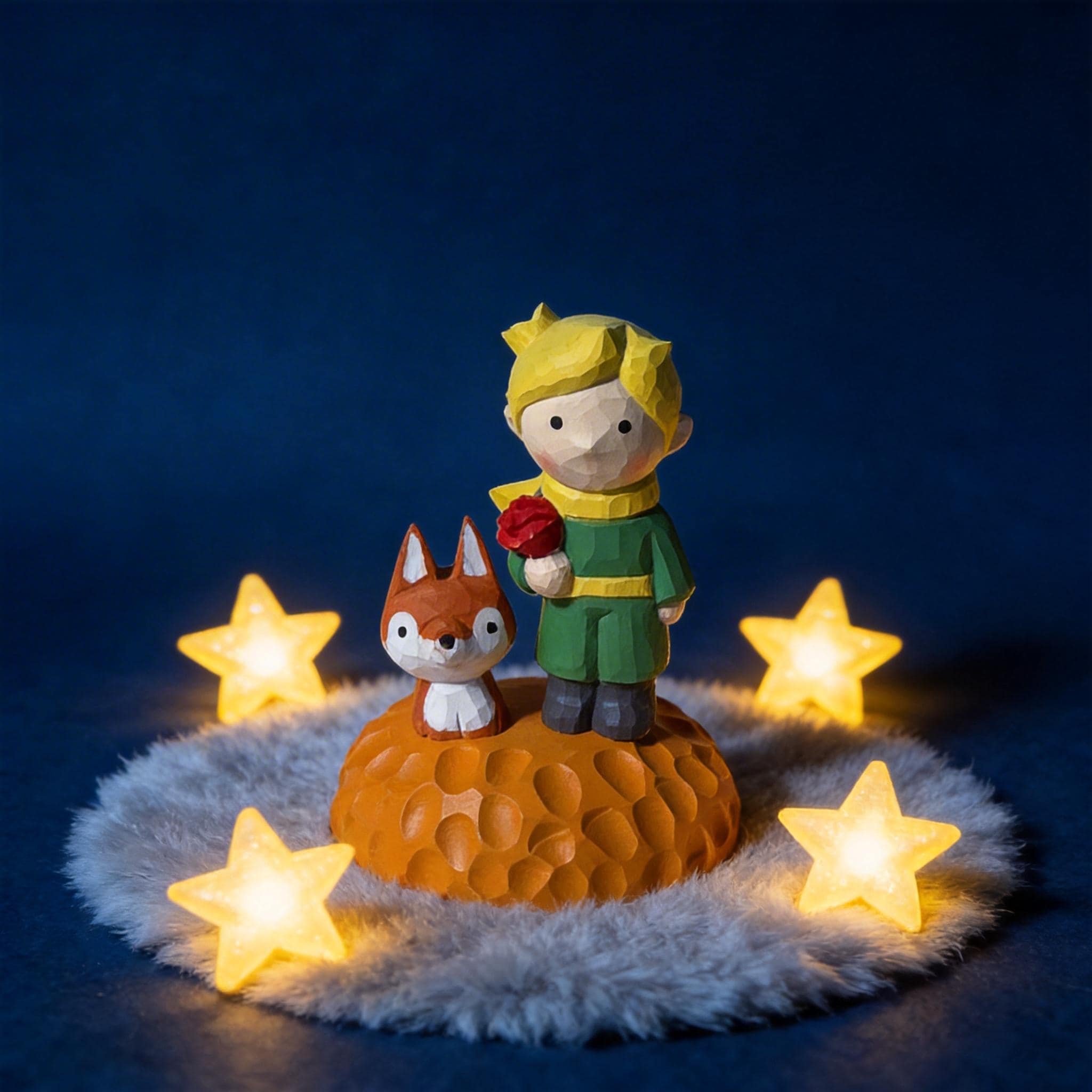 Whimsical Little Prince and Fox Wood Carving, Hand Painted