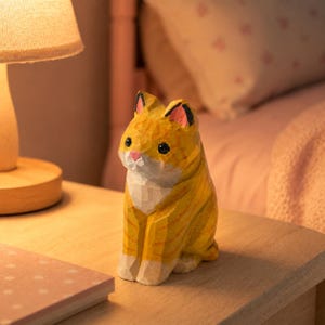 May include: A hand-carved wooden figurine of a sitting orange tabby cat with a white chest and muzzle. The cat has black-tipped ears, a small pink nose, and dark eyes, featuring visible chisel marks throughout its textured yellow and orange surface.